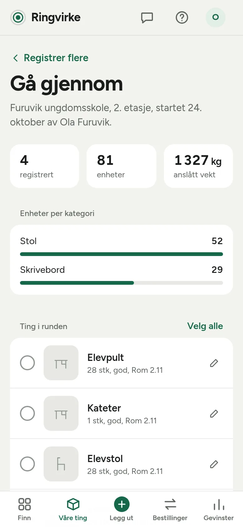Gjennomgang av en kartleggingsrunde på en ungdomsskole: 4 typer, 81 enheter, 1 327 kilo, fordelt på stoler og skrivebord.